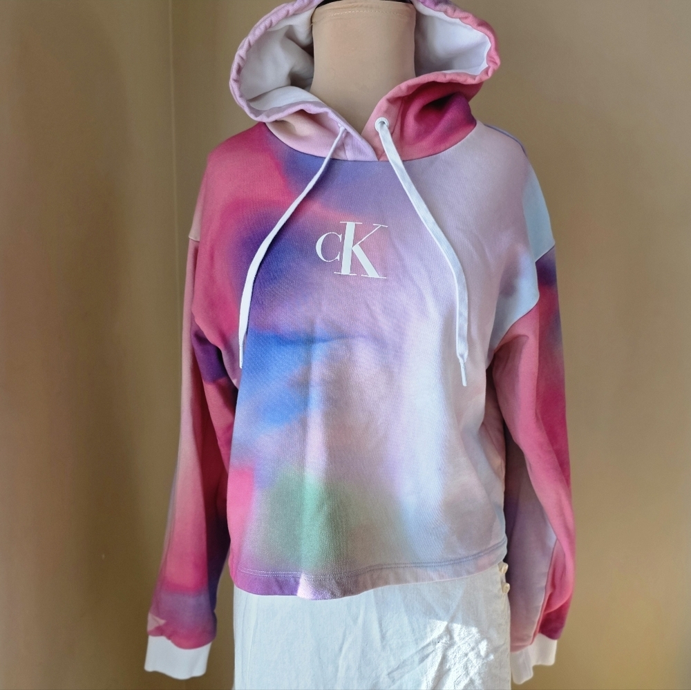 Calvin Klein Jeans Rainbow Tie Dye Cropped Hoodie Cotton Pride Logo Women's‎ M